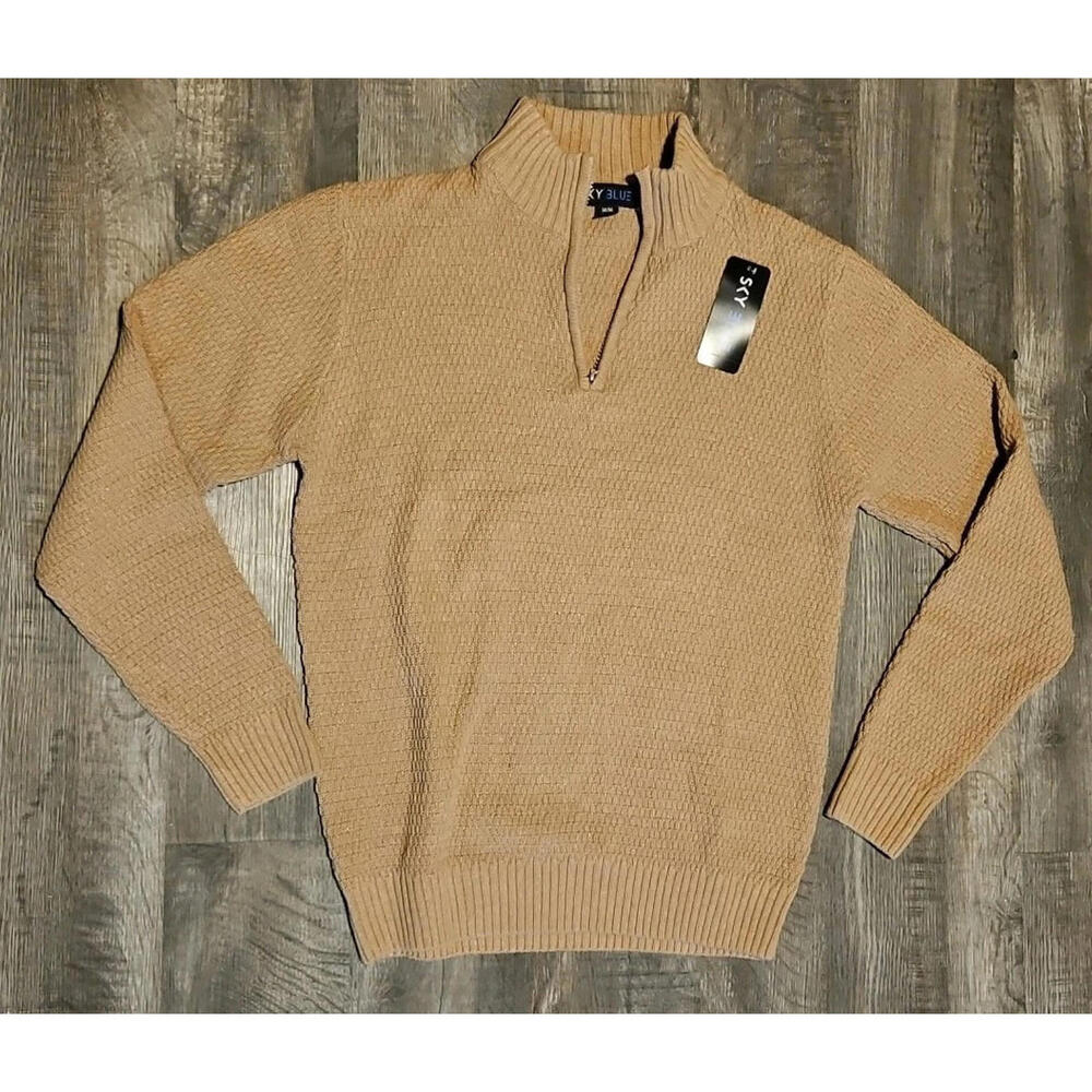 Sky Blue Tan Long Sleeve Quarter-zip Sweater Mens MEDIUM *NWT FAST FREE SHIPPING